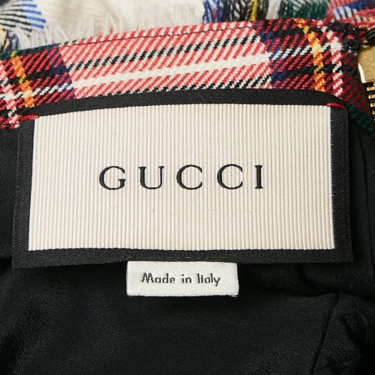 Pre Owned Gucci Multicolor Tartan Pattern Embellished Wool Asymmetric Gown M