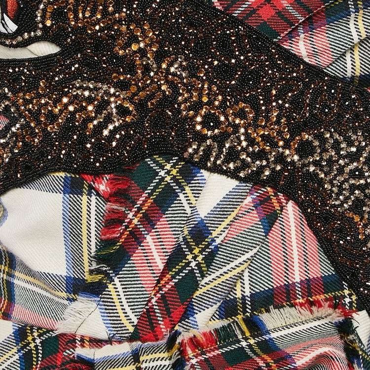 Pre Owned Gucci Multicolor Tartan Pattern Embellished Wool Asymmetric Gown M