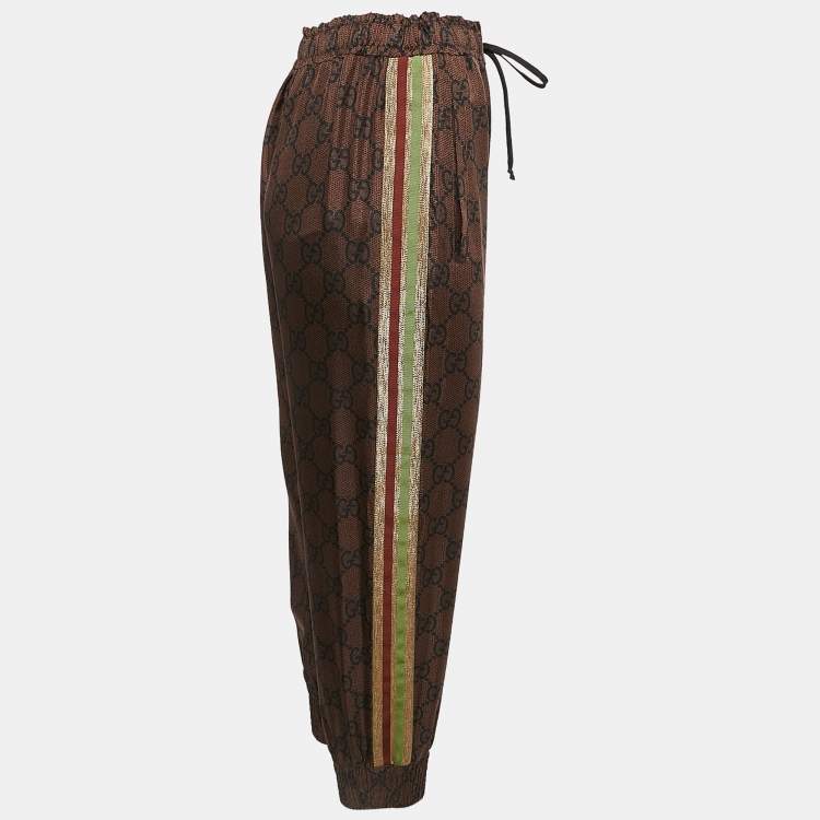 Pre Owned Gucci Brown Zima Print Silk Contrast Lurex Tape Trim Joggers M