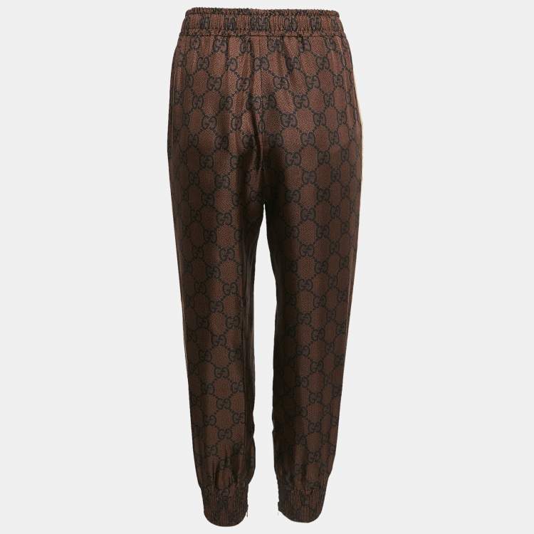 Pre Owned Gucci Brown Zima Print Silk Contrast Lurex Tape Trim Joggers M