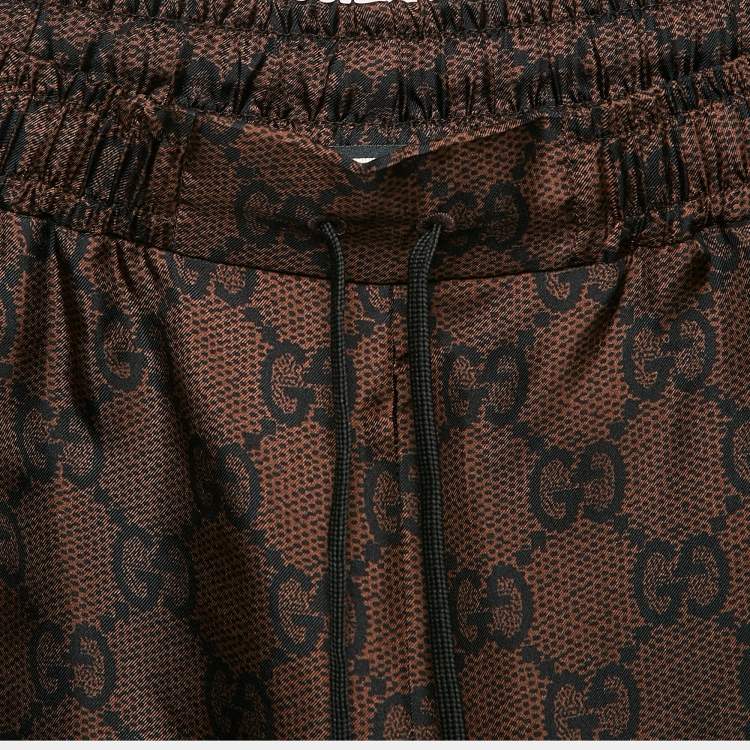Pre Owned Gucci Brown Zima Print Silk Contrast Lurex Tape Trim Joggers M