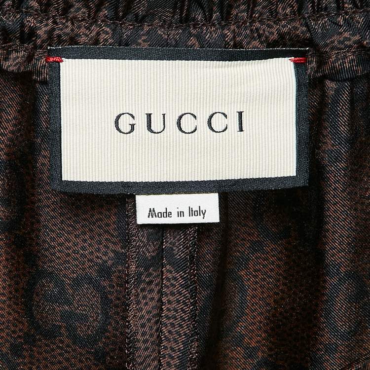 Pre Owned Gucci Brown Zima Print Silk Contrast Lurex Tape Trim Joggers M