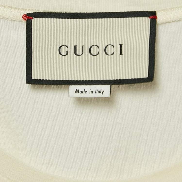 Pre Owned Gucci Cream Logo Sequin Embellished Round Neck Oversize T-Shirt S