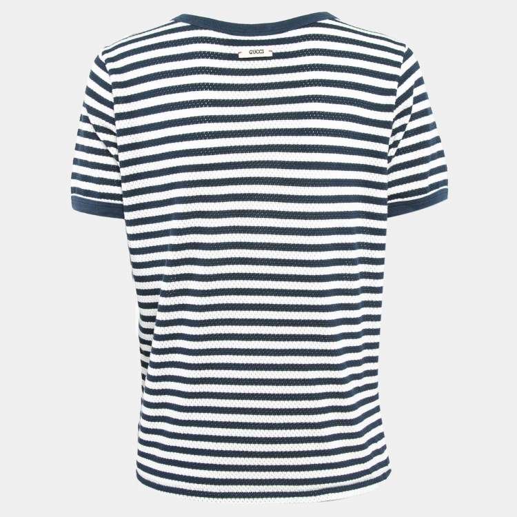 Pre Owned Gucci X Disney Navy Blue Striped and Pinhole Cotton T-Shirt L