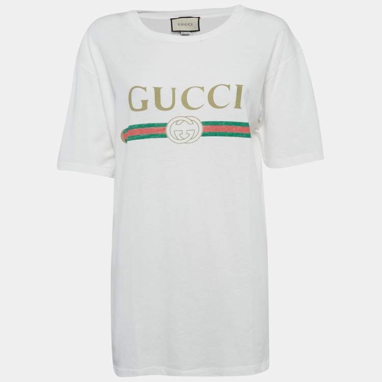 Pre Owned Gucci White Floral Embroidery Cotton Distressed Neck T-Shirt XL