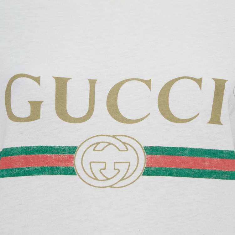 Pre Owned Gucci White Floral Embroidery Cotton Distressed Neck T-Shirt XL