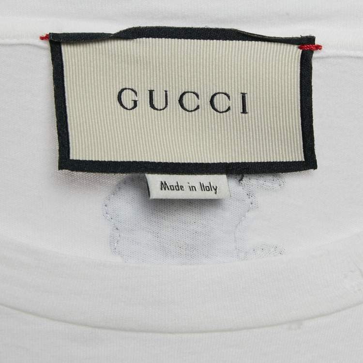 Pre Owned Gucci White Floral Embroidery Cotton Distressed Neck T-Shirt XL