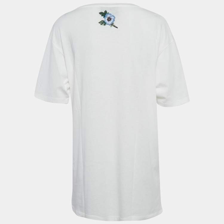 Pre Owned Gucci White Floral Embroidery Cotton Distressed Neck T-Shirt XL