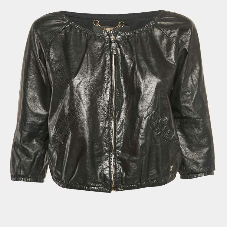 Pre Owned Gucci Black Genuine Leather Zip-Up Jacket S