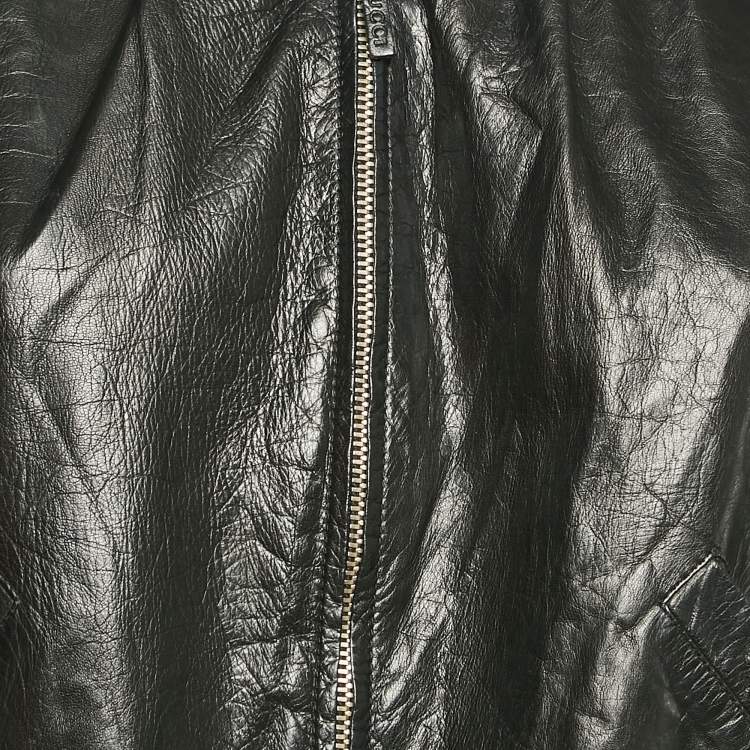 Pre Owned Gucci Black Genuine Leather Zip-Up Jacket S