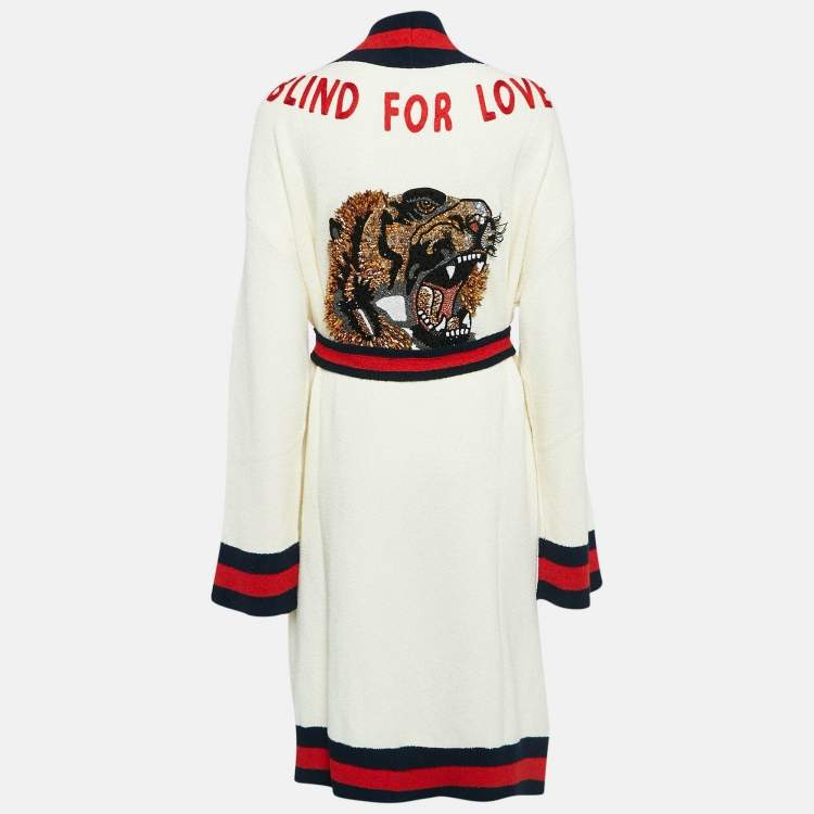 Gucci Cream Web Blind For Love Cotton Terry Tiger Embellished Cardigan M Gucci TLC