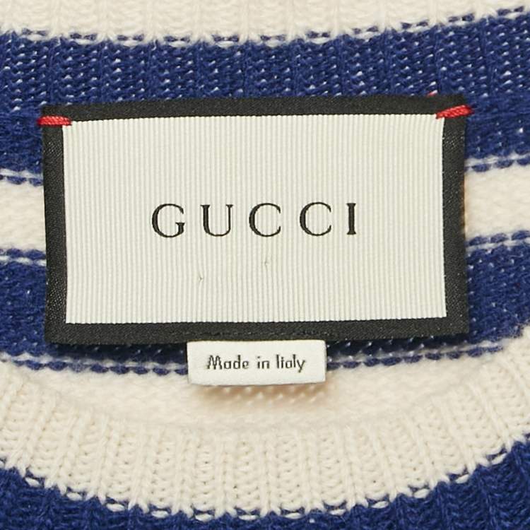 Pre Owned Gucci Blue/White Stripe Tiger Intarsia Wool Knit Jumper M