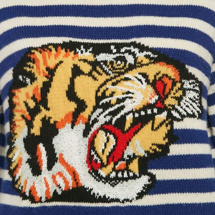 Pre Owned Gucci Blue/White Stripe Tiger Intarsia Wool Knit Jumper M
