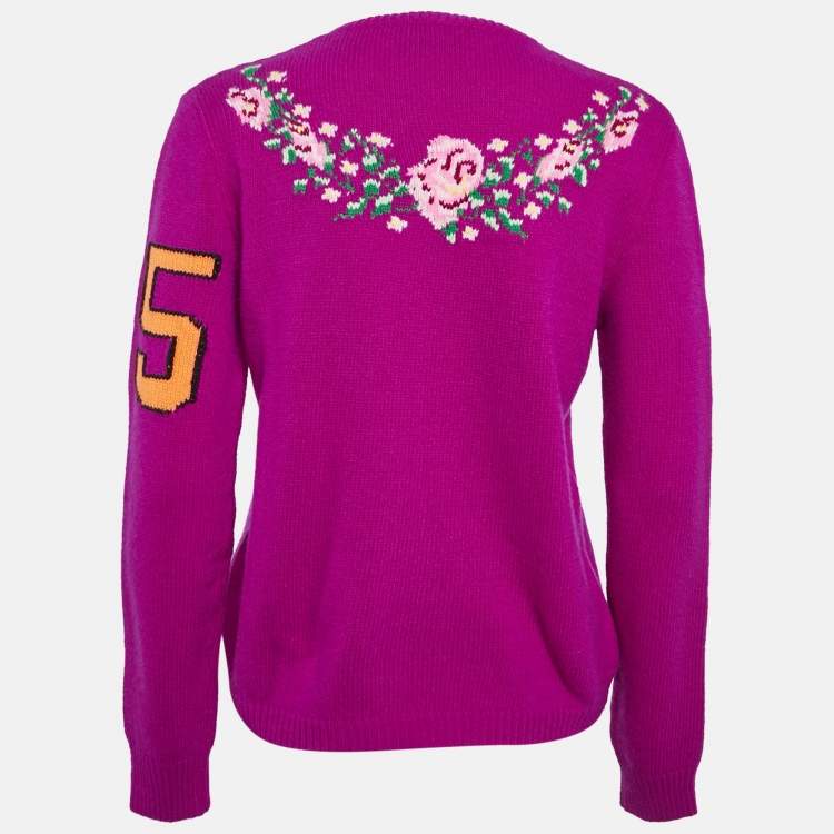 Pre Owned Gucci Purple Floral-Butterfly Intarsia Wool Sweater M