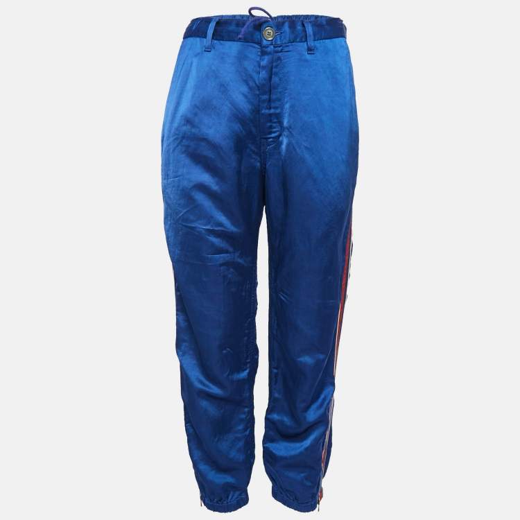 Pre Owned Gucci Blue Embroidered Linen Blend Satin Trackpants L