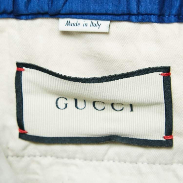 Pre Owned Gucci Blue Embroidered Linen Blend Satin Trackpants L