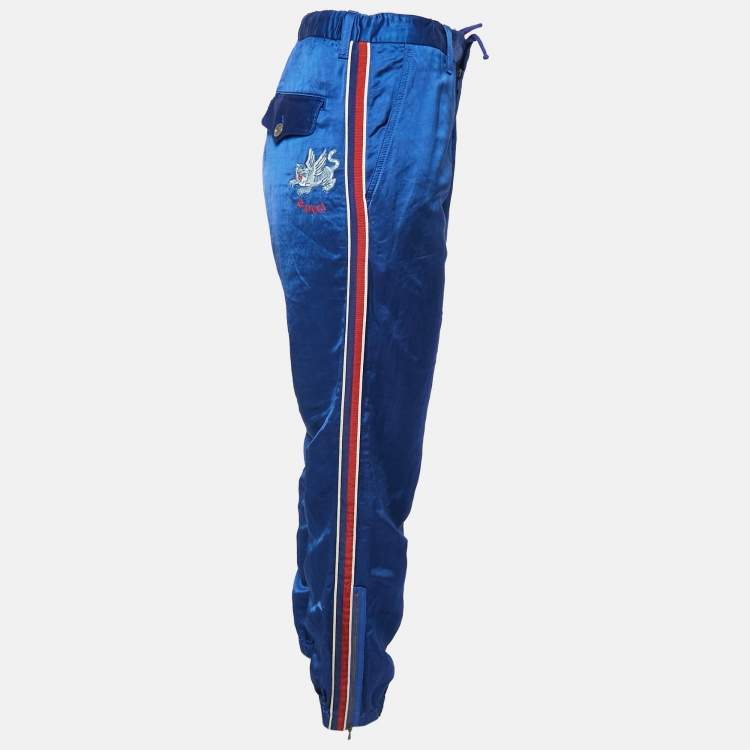 Pre Owned Gucci Blue Embroidered Linen Blend Satin Trackpants L