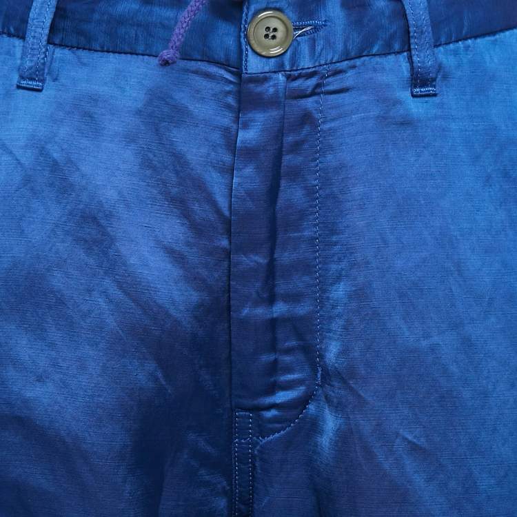 Pre Owned Gucci Blue Embroidered Linen Blend Satin Trackpants L