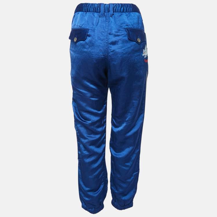 Pre Owned Gucci Blue Embroidered Linen Blend Satin Trackpants L