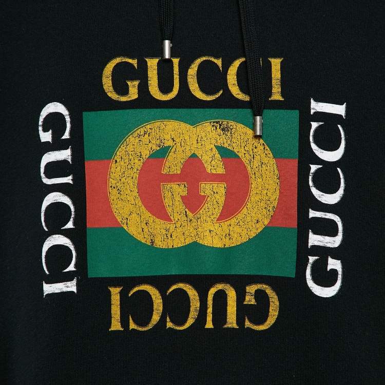 Pre Owned Gucci Black Vintage Print Cotton Knit Distressed Hoodie XXL