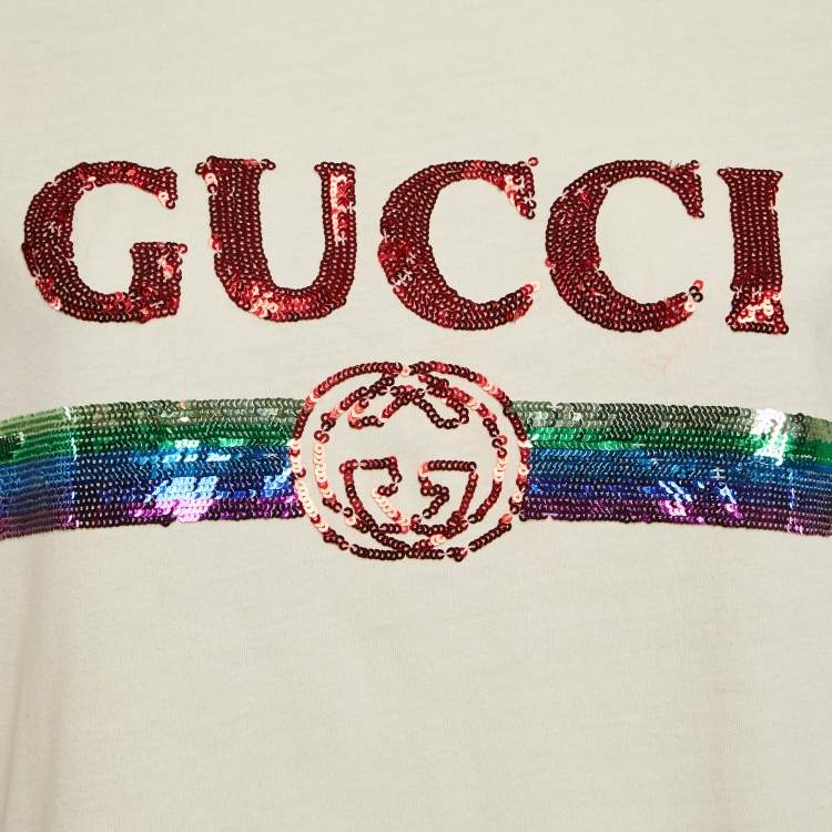 Pre Owned Gucci Cream Sequin Logo Cotton Crew Neck T-Shirt L