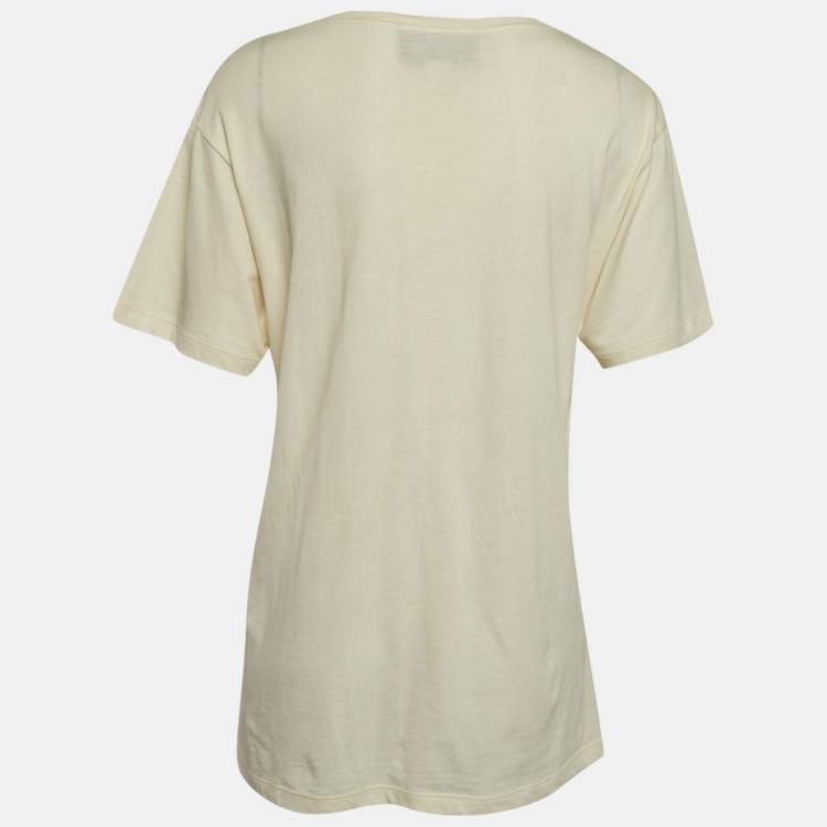 Pre Owned Gucci Cream Sequin Logo Cotton Crew Neck T-Shirt L