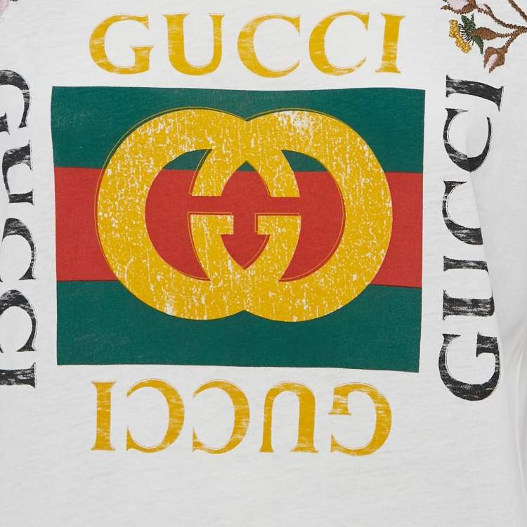 مملوكة مسبقًا Gucci White Floral Embroidery Cotton Distressed T-Shirt XXS