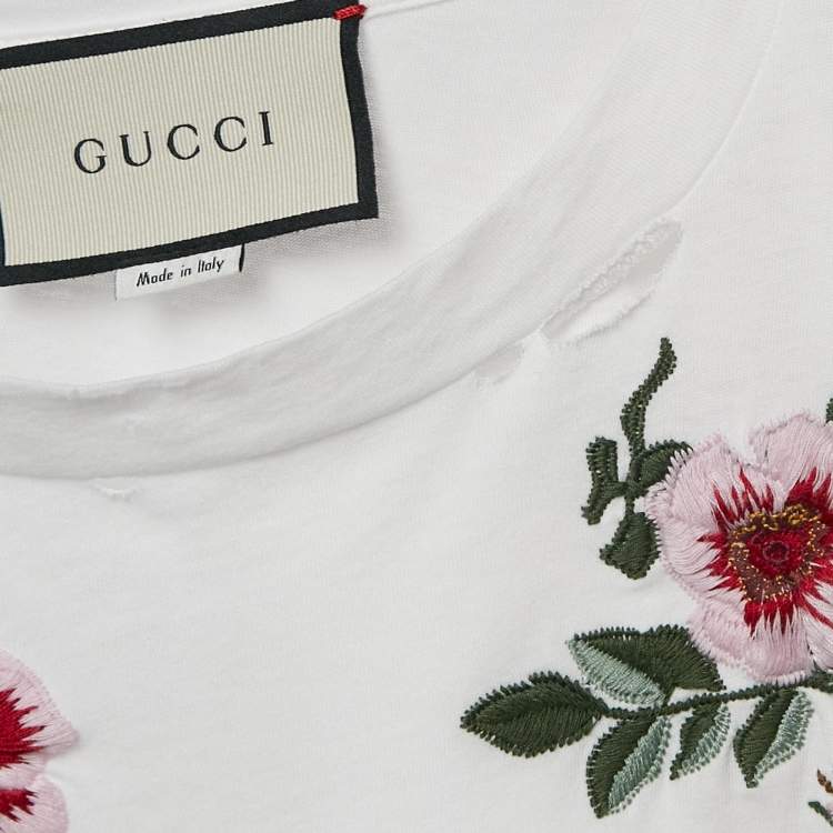 مملوكة مسبقًا Gucci White Floral Embroidery Cotton Distressed T-Shirt XXS