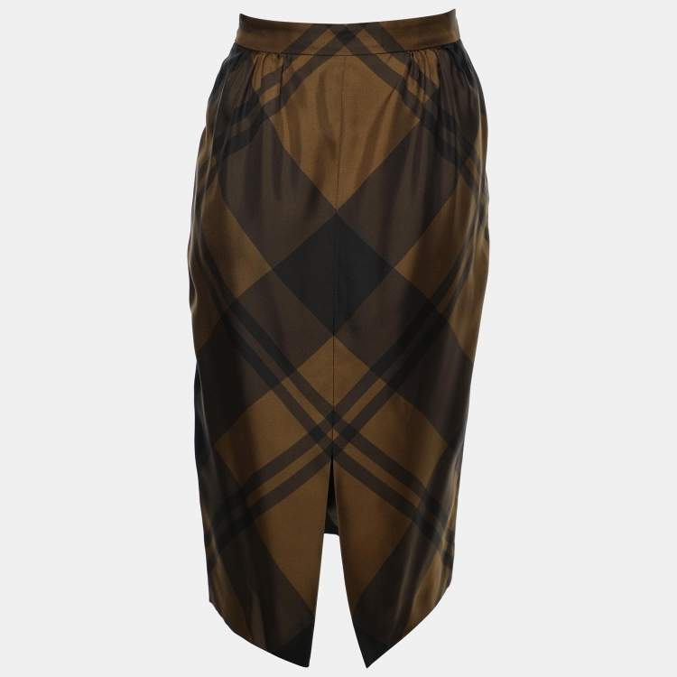 Pre Owned Gucci Brown Checkered Silk Midi Skirts M