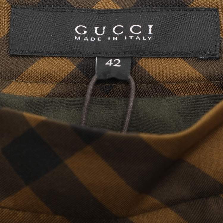 Pre Owned Gucci Brown Checkered Silk Midi Skirts M