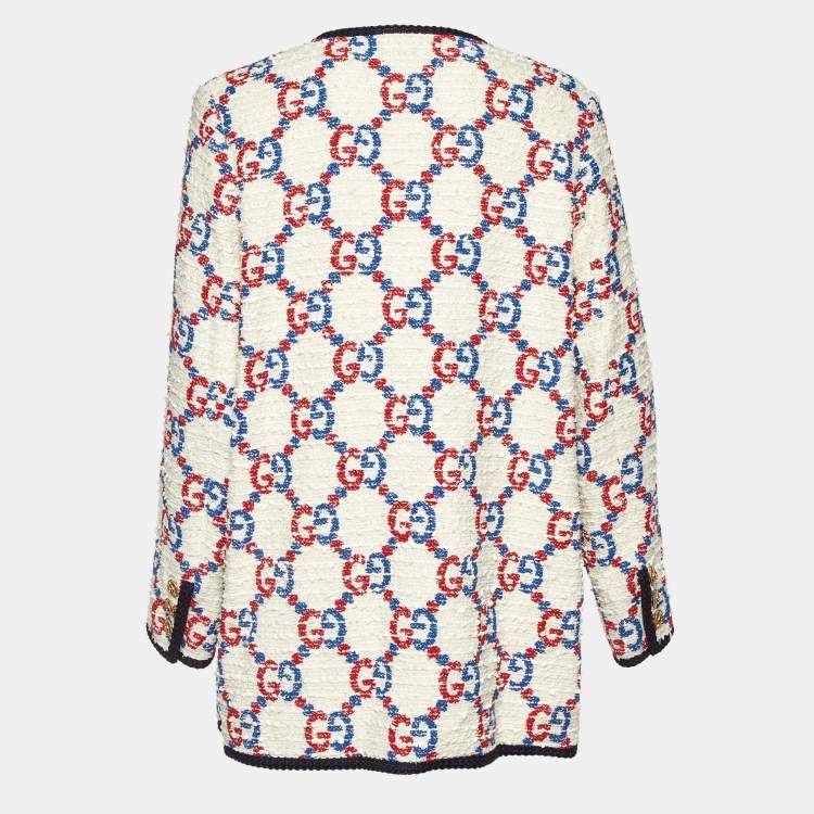 Pre Owned Gucci Cream GG Supreme Jacquard Tweed Coat L