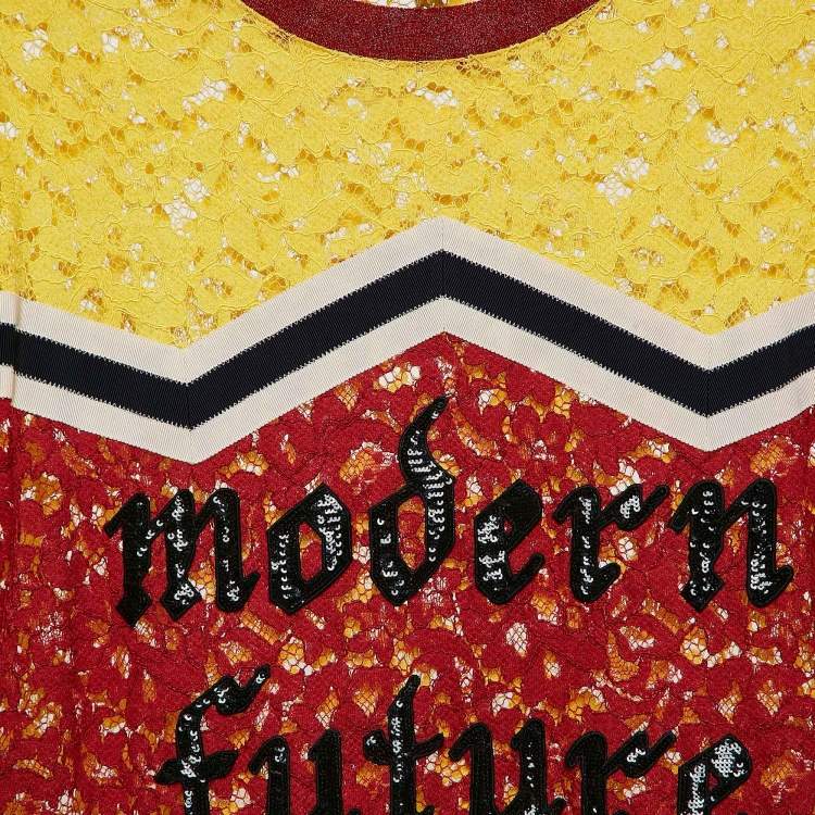 Pre Owned Gucci Yellow/Red Modern Future Sequin and Lace Crew Neck T-Shirt M