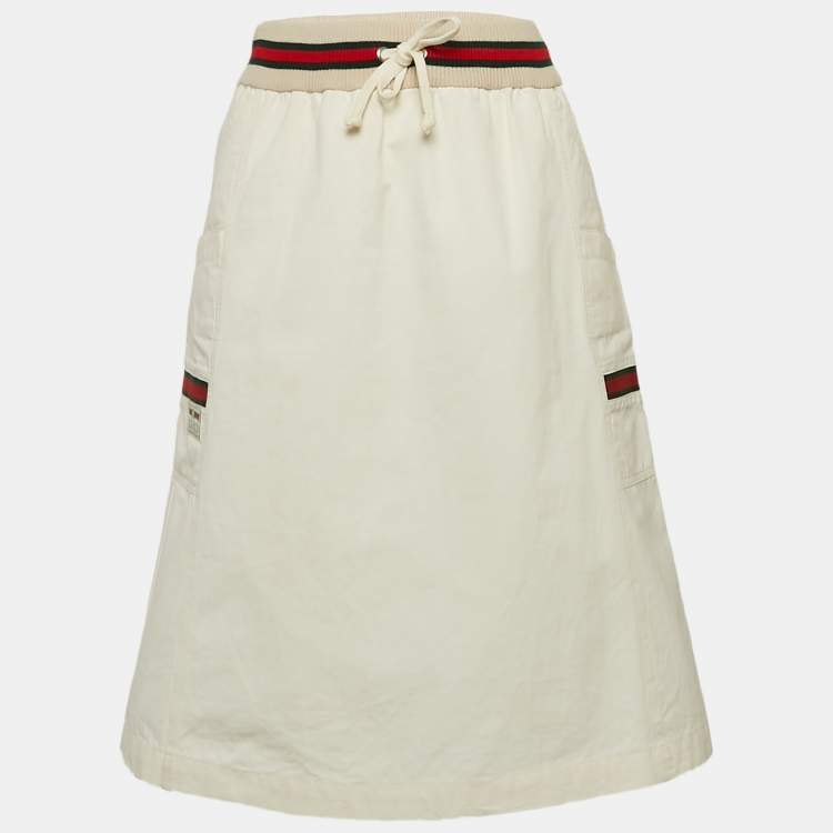 Pre Owned Gucci Cream Web Stripe Trim Cotton  Knee Length Skirt M