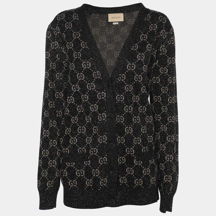 Pre Owned Gucci Black GG Lurex Knit Button Front Cardigan L