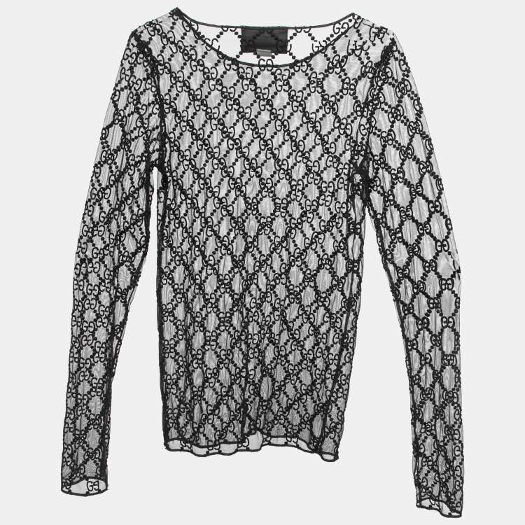 مملوكة مسبقًا Gucci Black GG Embroidered Tulle Long Sleeve Sheer Top M