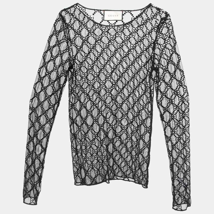 مملوكة مسبقًا Gucci Black GG Embroidered Tulle Long Sleeve Sheer Top M