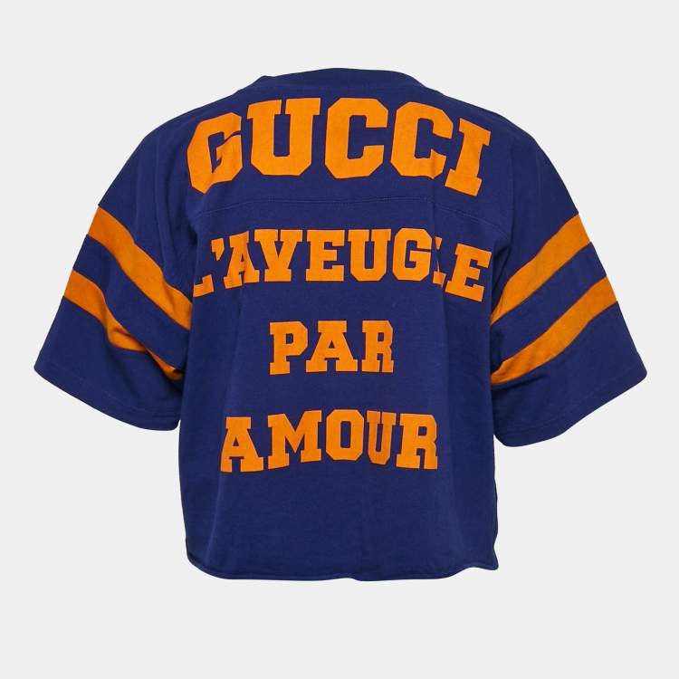 Pre Owned Gucci Blue Printed Cotton Raw Edge Detail Cropped T-shirt XS