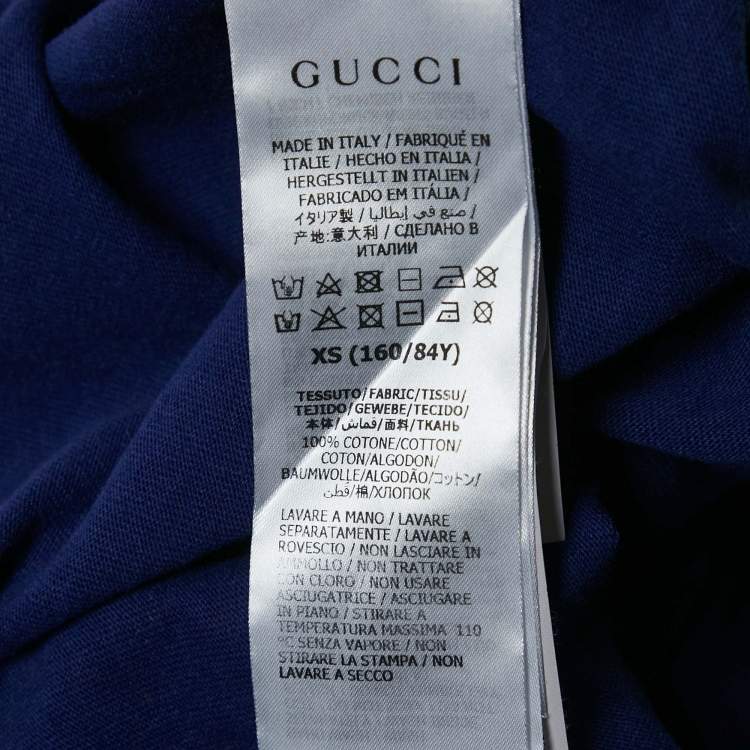 Pre Owned Gucci Blue Printed Cotton Raw Edge Detail Cropped T-shirt XS