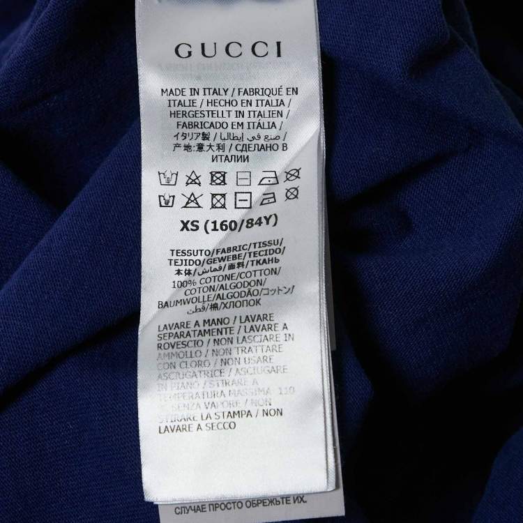 Pre Owned Gucci Blue Printed Cotton Raw Edge Detail Cropped T-shirt XS
