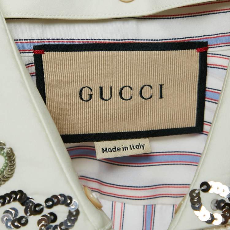 Pre Owned Gucci White Stripe Cotton Detachable Embellished Collar Shirt Dress M