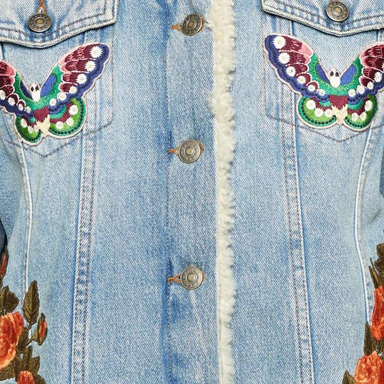 Pre Owned Gucci Blue Floral Appliqued Denim & Shearling Jacket M