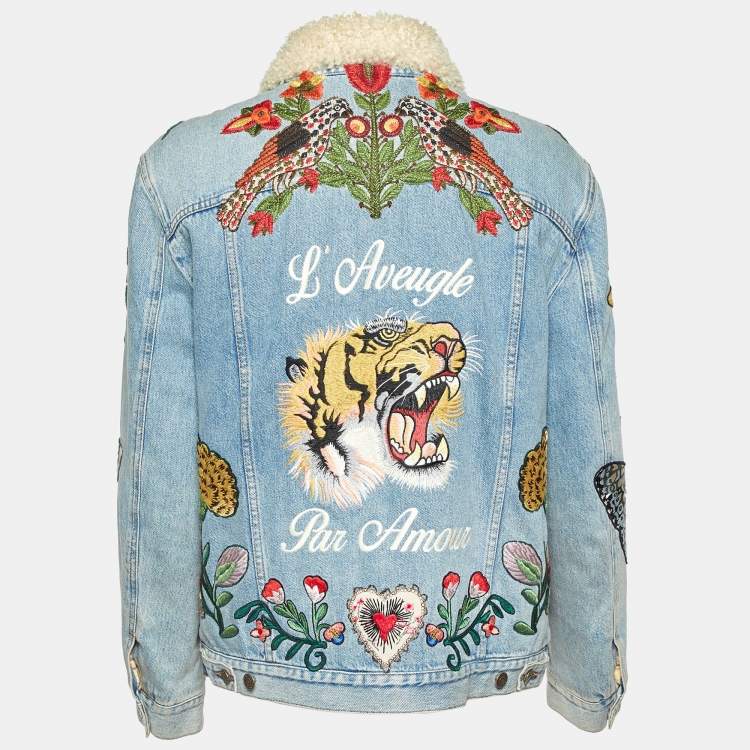 Pre Owned Gucci Blue Floral Appliqued Denim & Shearling Jacket M