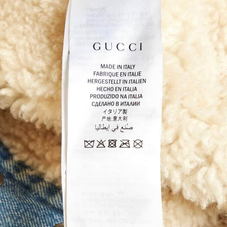 Pre Owned Gucci Blue Floral Appliqued Denim & Shearling Jacket M