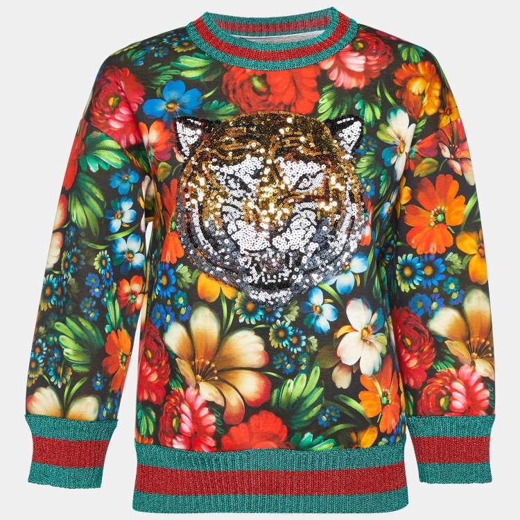 مملوكة مسبقًا Gucci Multicolor Floral Print Cotton Sequined Sweatshirt S