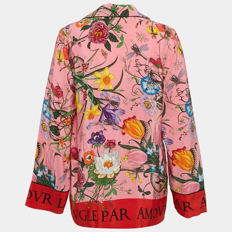 Pre Owned Gucci Pink Flora Snake Print Silk Tie-Up Detail Shirt L