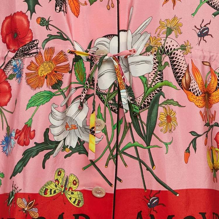Pre Owned Gucci Pink Flora Snake Print Silk Tie-Up Detail Shirt L