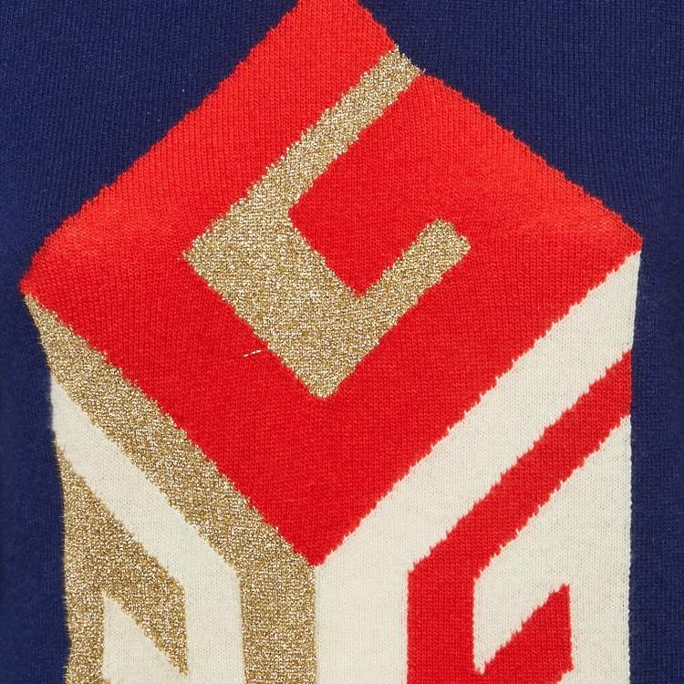 Pre Owned Gucci Navy Blue Cube Intarsia Lurex Wool Knit Sweater XS