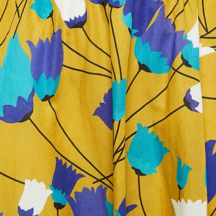 Pre Owned Gucci Yellow/Blue Floral Print Cotton Tiered Maxi Skirt M