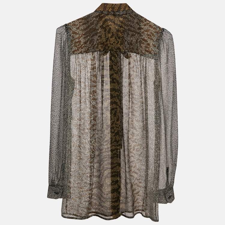 Pre Owned Gucci Brown Printed Chiffon Tie-Up Detail Sheer Shirt S