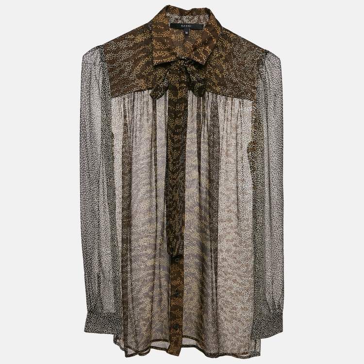 Pre Owned Gucci Brown Printed Chiffon Tie-Up Detail Sheer Shirt S
